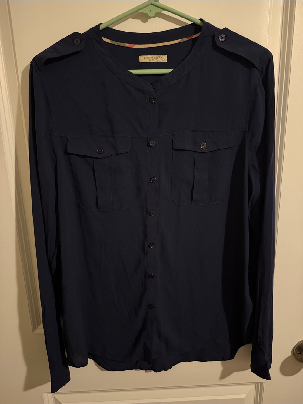 Burberry Brit Navy Blouse with Signature Check Trim on inside